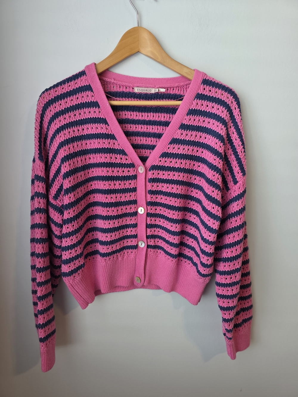 EsQualo Pink & Navy Striped Open Knit Cropped Cardigan Size S - Picture 3 of 8